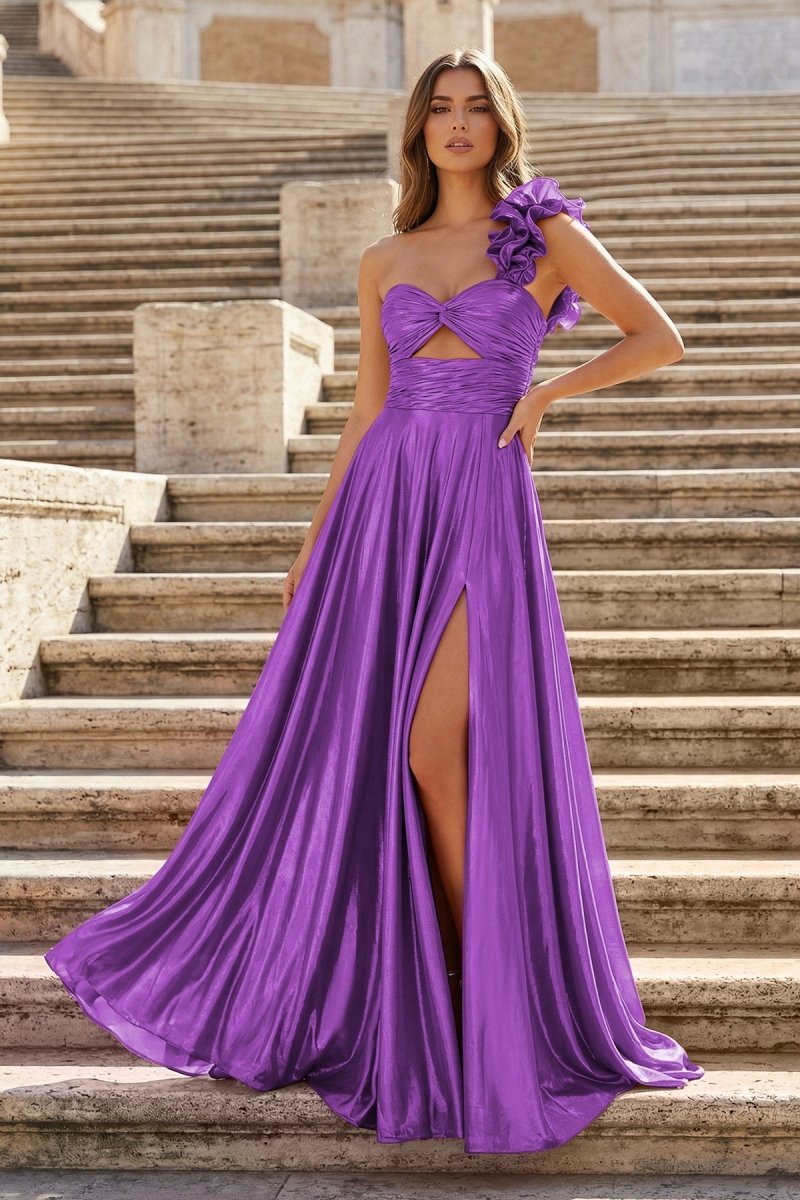 KissProm A-Line Fuchsia One Shoulder Keyhole Pleated Metallic Prom Dress with Slit, Purple / 0