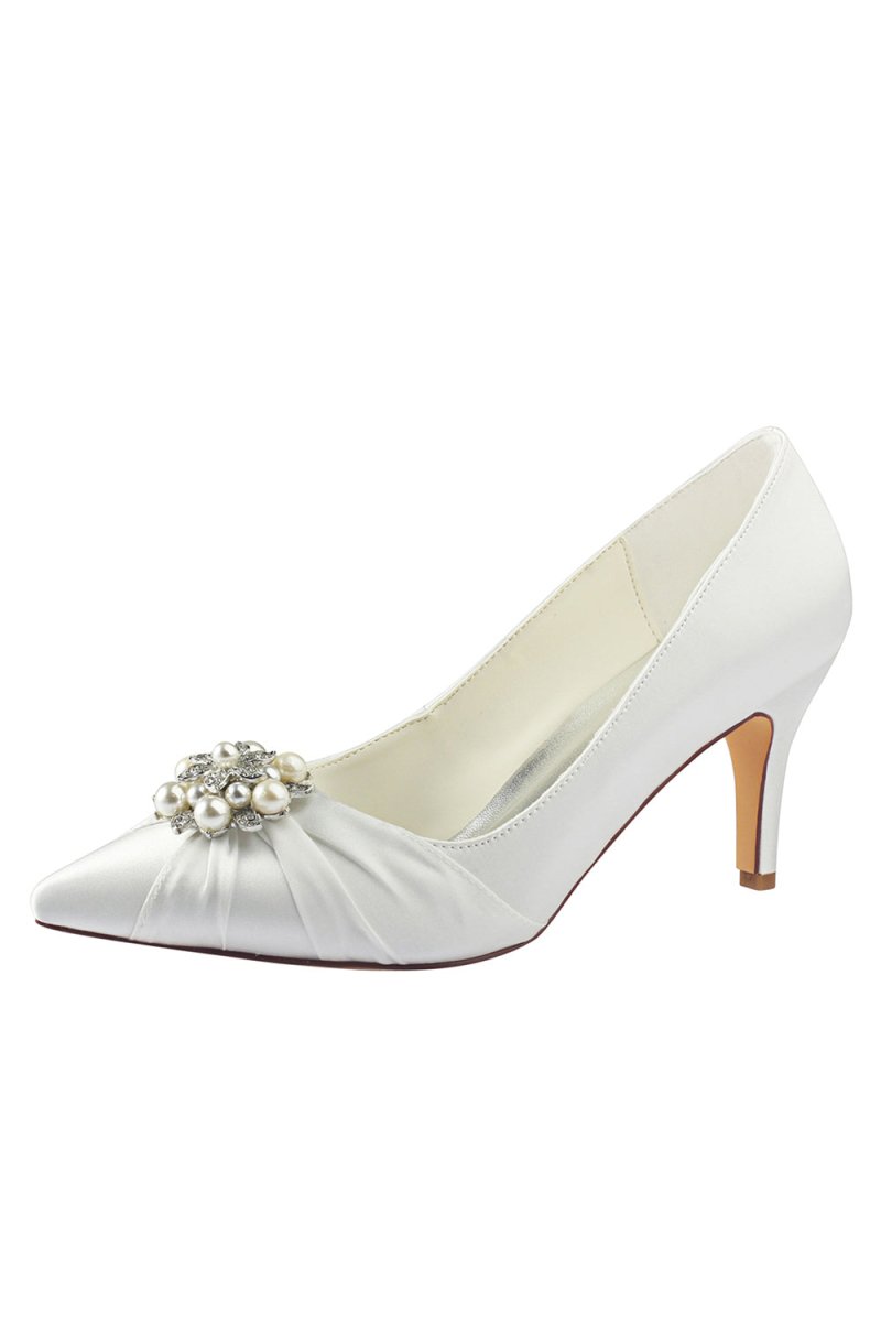 Wedding Shoes Close Toe Stiletto Heel Satin With Rhinestone Ruffles - KissProm