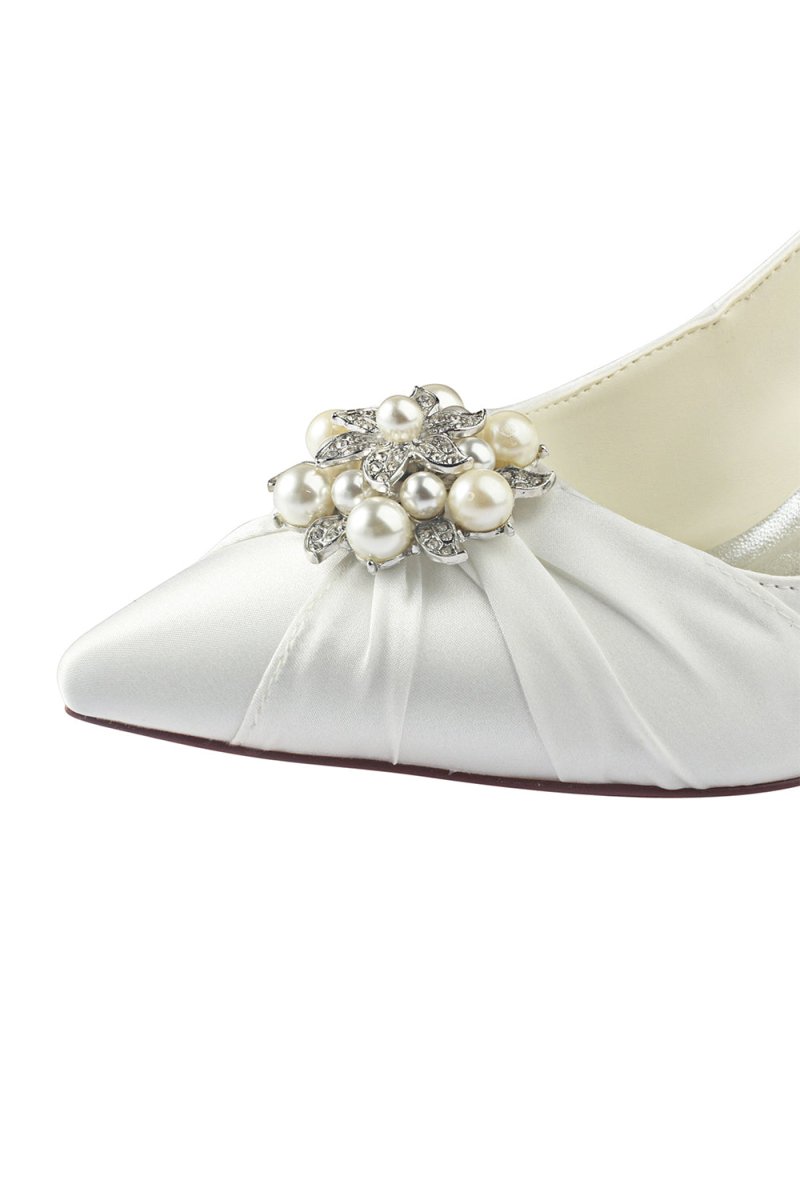 Wedding Shoes Close Toe Stiletto Heel Satin With Rhinestone Ruffles - KissProm