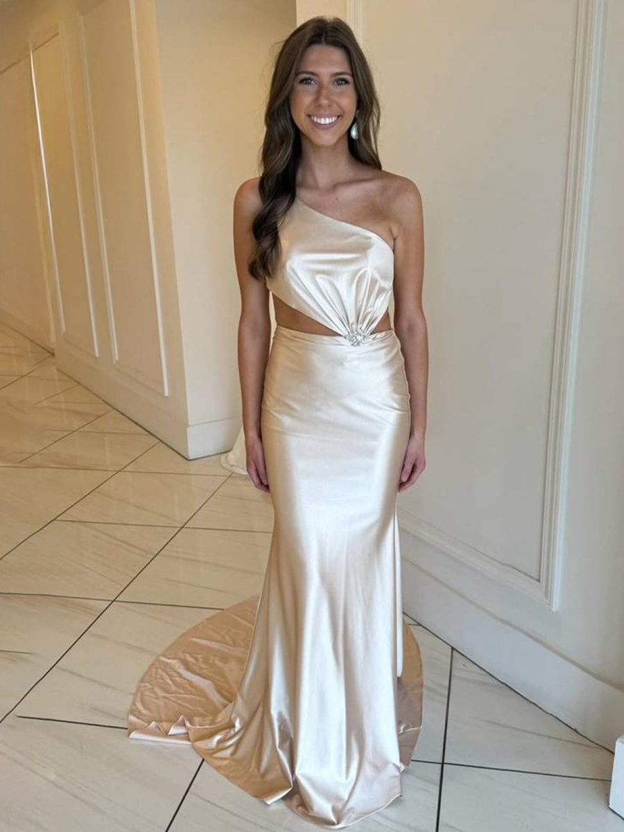 Welsie | Champagne One - Shoulder Mermaid Satin Long Prom Dress - KissProm