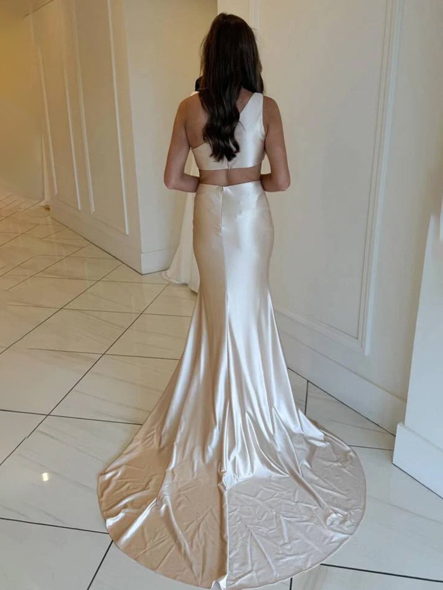 Welsie | Champagne One - Shoulder Mermaid Satin Long Prom Dress - KissProm