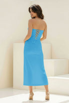 Whimsy | Coral - Strapless Sleeveless Sheath Pleated Formal Prom Dresses With Slit - KissProm