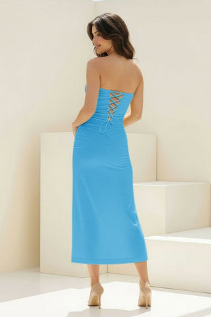 Whimsy | Coral - Strapless Sleeveless Sheath Pleated Formal Prom Dresses With Slit - KissProm