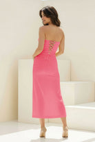 Whimsy | Coral - Strapless Sleeveless Sheath Pleated Formal Prom Dresses With Slit - KissProm