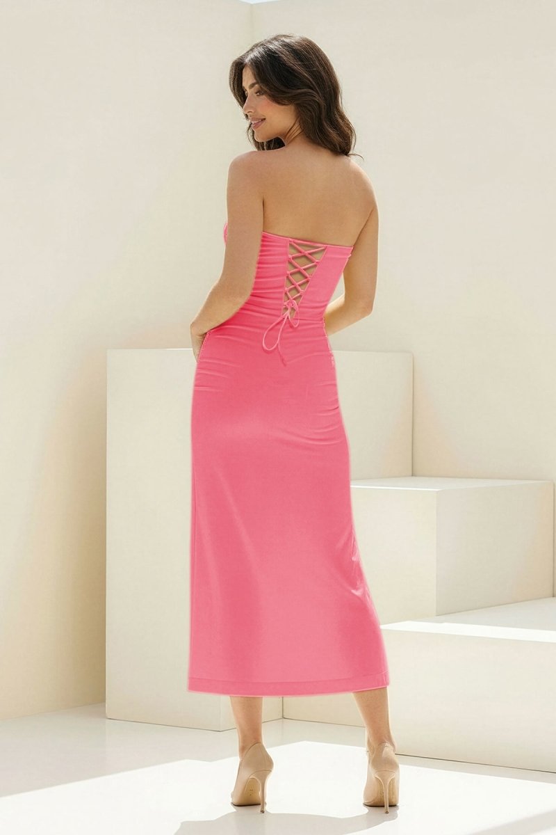 Whimsy | Coral - Strapless Sleeveless Sheath Pleated Formal Prom Dresses With Slit - KissProm
