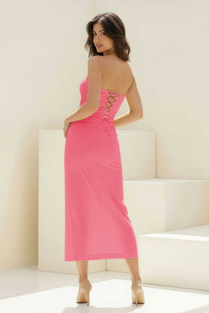 Whimsy | Coral - Strapless Sleeveless Sheath Pleated Formal Prom Dresses With Slit - KissProm