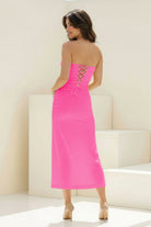 Whimsy | Coral - Strapless Sleeveless Sheath Pleated Formal Prom Dresses With Slit - KissProm