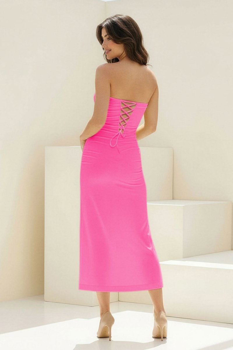 Whimsy | Coral - Strapless Sleeveless Sheath Pleated Formal Prom Dresses With Slit - KissProm