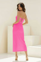 Whimsy | Coral - Strapless Sleeveless Sheath Pleated Formal Prom Dresses With Slit - KissProm