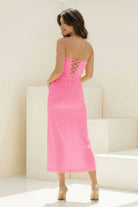 Whimsy | Coral - Strapless Sleeveless Sheath Pleated Formal Prom Dresses With Slit - KissProm