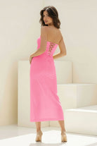 Whimsy | Coral - Strapless Sleeveless Sheath Pleated Formal Prom Dresses With Slit - KissProm