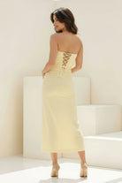 Whimsy | Yellow - Strapless Sleeveless Sheath Pleated Formal Prom Dresses With Slit - KissProm