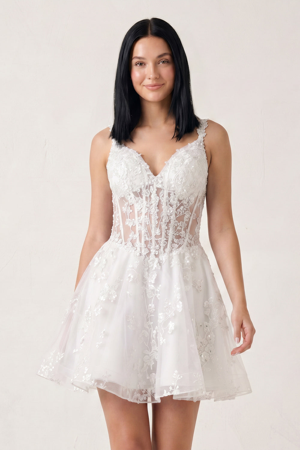 White A-line Appliques Deep V Neck Short Homecoming Dress | KISSPROM