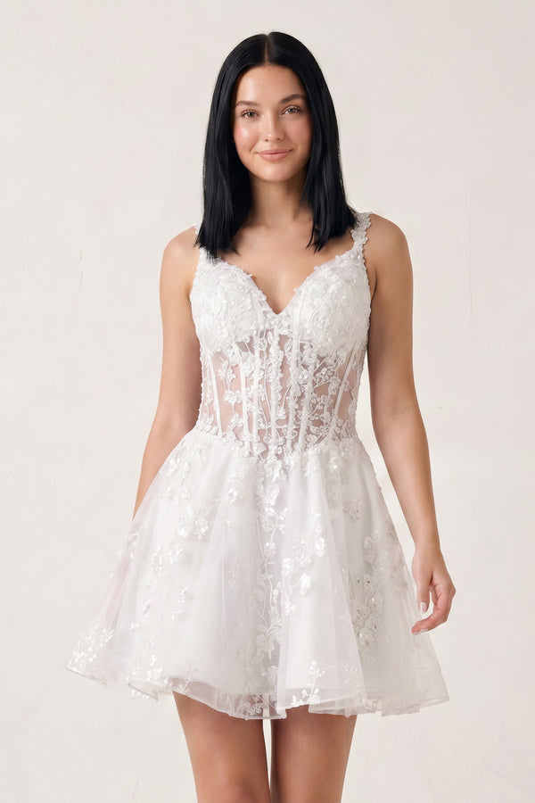White A-line Appliques Deep V Neck Short Homecoming Dress | KISSPROM
