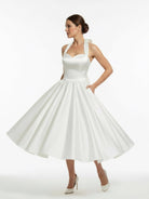 White A - Line Halter Sleeveless Tea Length Satin Bridal Gowns With Bow(s) Pleats - KissProm