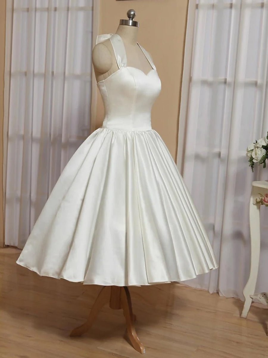 White A - Line Halter Sleeveless Tea Length Satin Bridal Gowns With Bow(s) Pleats - KissProm