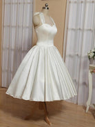 White A - Line Halter Sleeveless Tea Length Satin Bridal Gowns With Bow(s) Pleats - KissProm