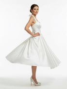 White A - Line Halter Sleeveless Tea Length Satin Bridal Gowns With Bow(s) Pleats - KissProm