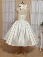 White A - Line Halter Sleeveless Tea Length Satin Bridal Gowns With Bow(s) Pleats - KissProm