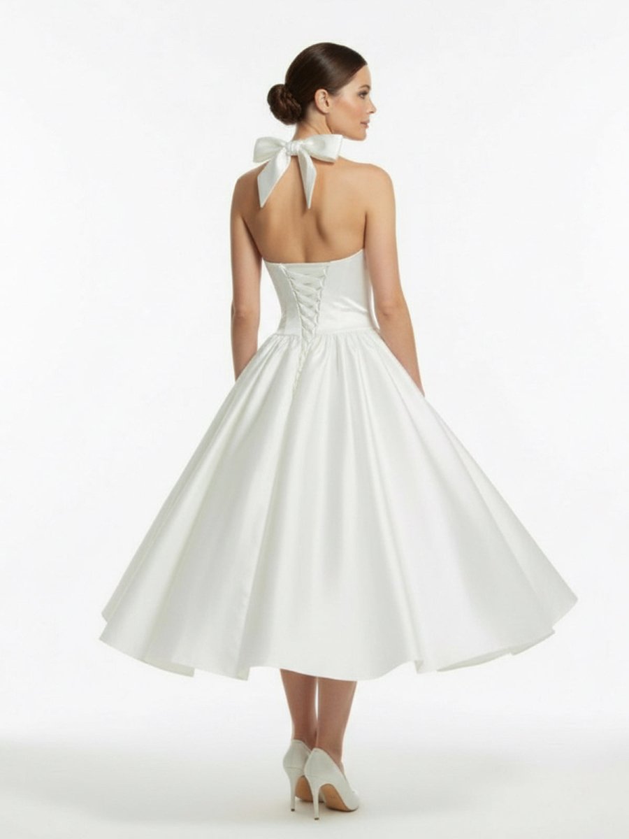 White A - Line Halter Sleeveless Tea Length Satin Bridal Gowns With Bow(s) Pleats - KissProm