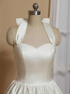 White A - Line Halter Sleeveless Tea Length Satin Bridal Gowns With Bow(s) Pleats - KissProm