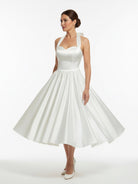 White A - Line Halter Sleeveless Tea Length Satin Bridal Gowns With Bow(s) Pleats - KissProm