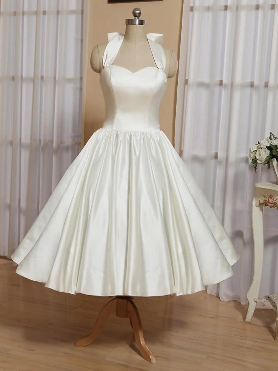 White A - Line Halter Sleeveless Tea Length Satin Bridal Gowns With Bow(s) Pleats - KissProm