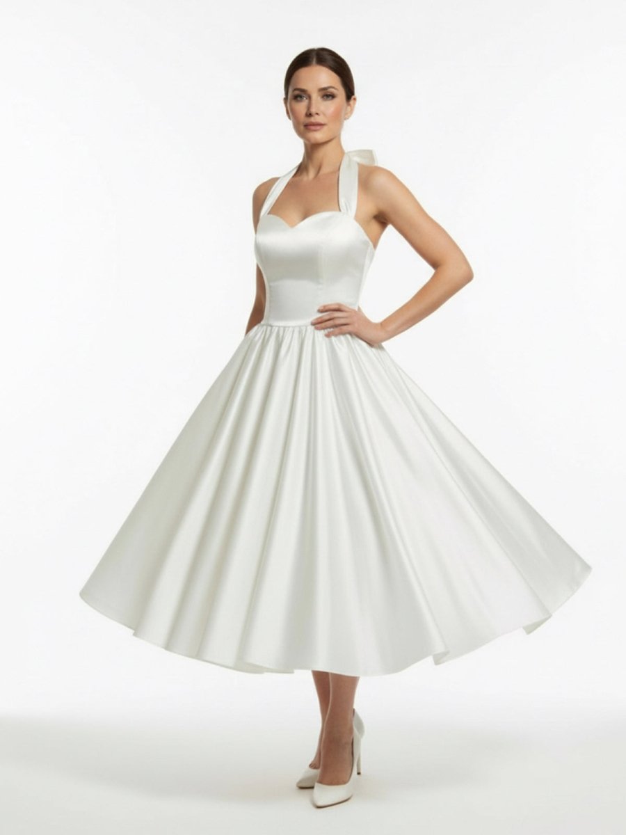 White A - Line Halter Sleeveless Tea Length Satin Bridal Gowns With Bow(s) Pleats - KissProm