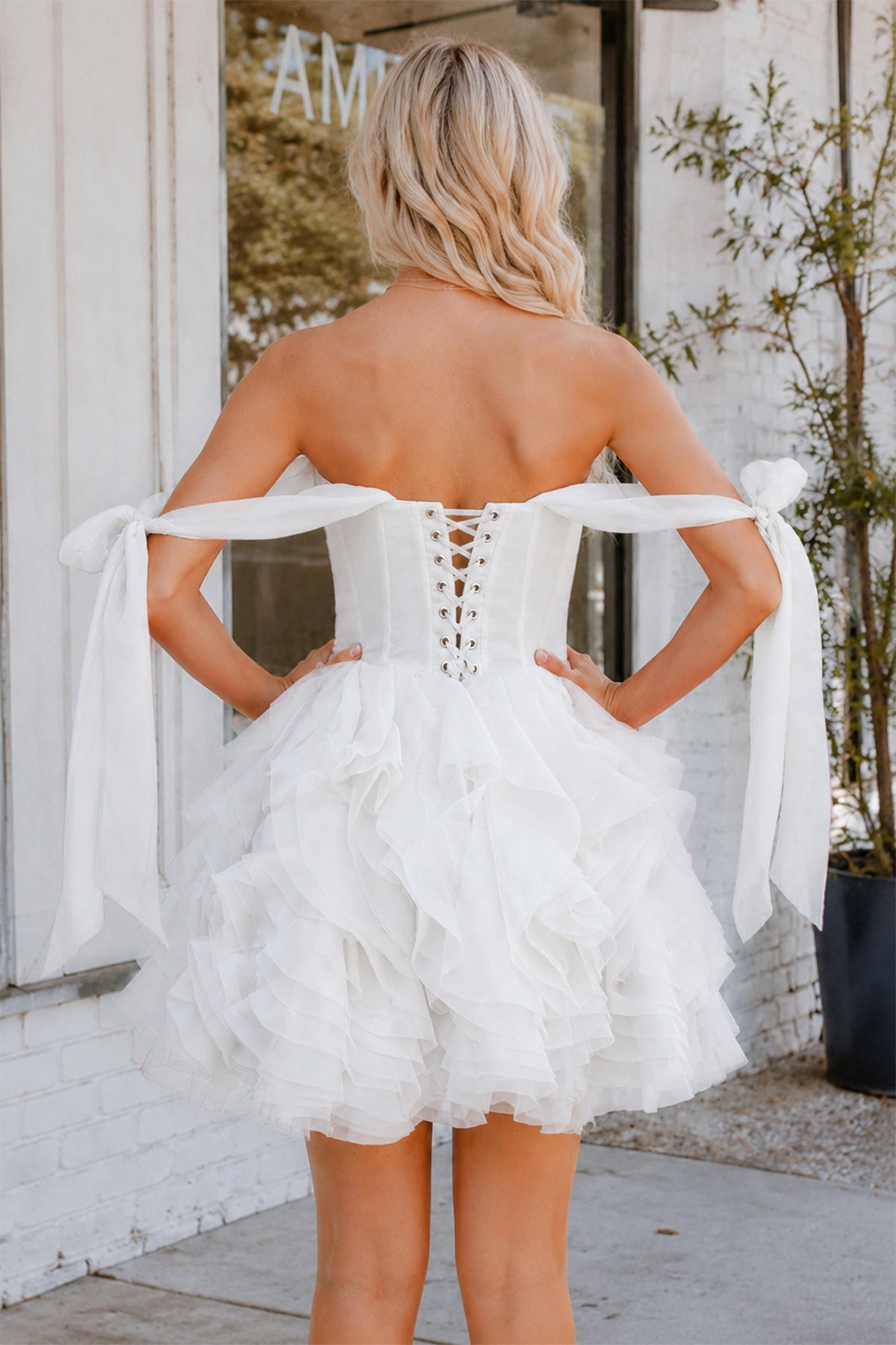 KissProm Rose Pink A Line Organza Ruffles Corset Homecoming Dresses with Bow Straps, White / 8