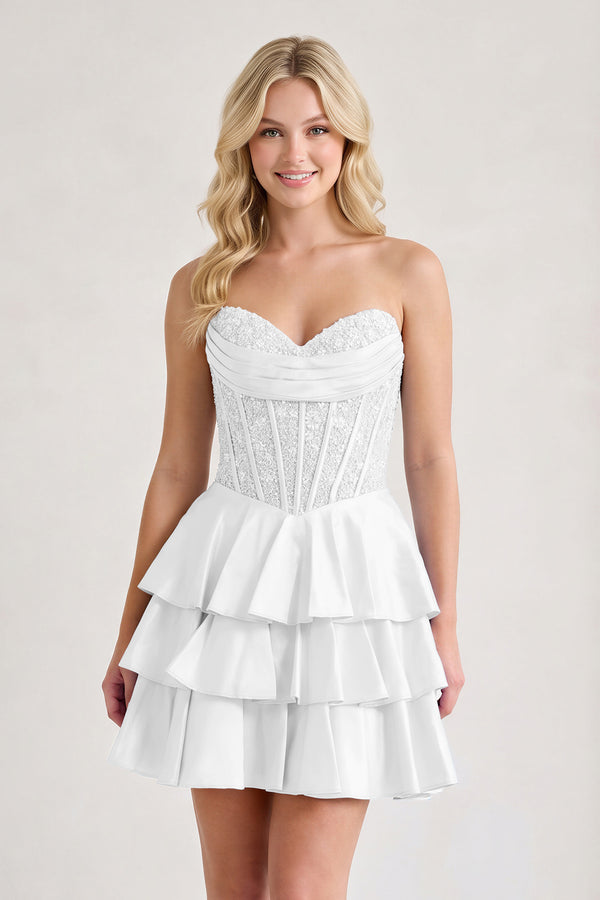 White A Line Satin Corset Ruffled Sweetheart Homecoming Dresses with Beads | KISSPROM