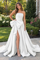White A-line Strapless Taffeta Long Prom Dress With Slit | KISSPROM