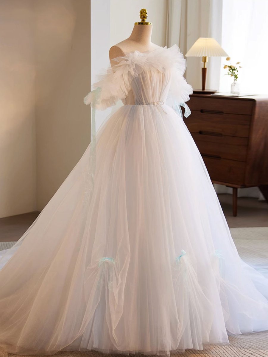 White A - Line Tulle Long Prom Dress White Formal Dress - KissProm