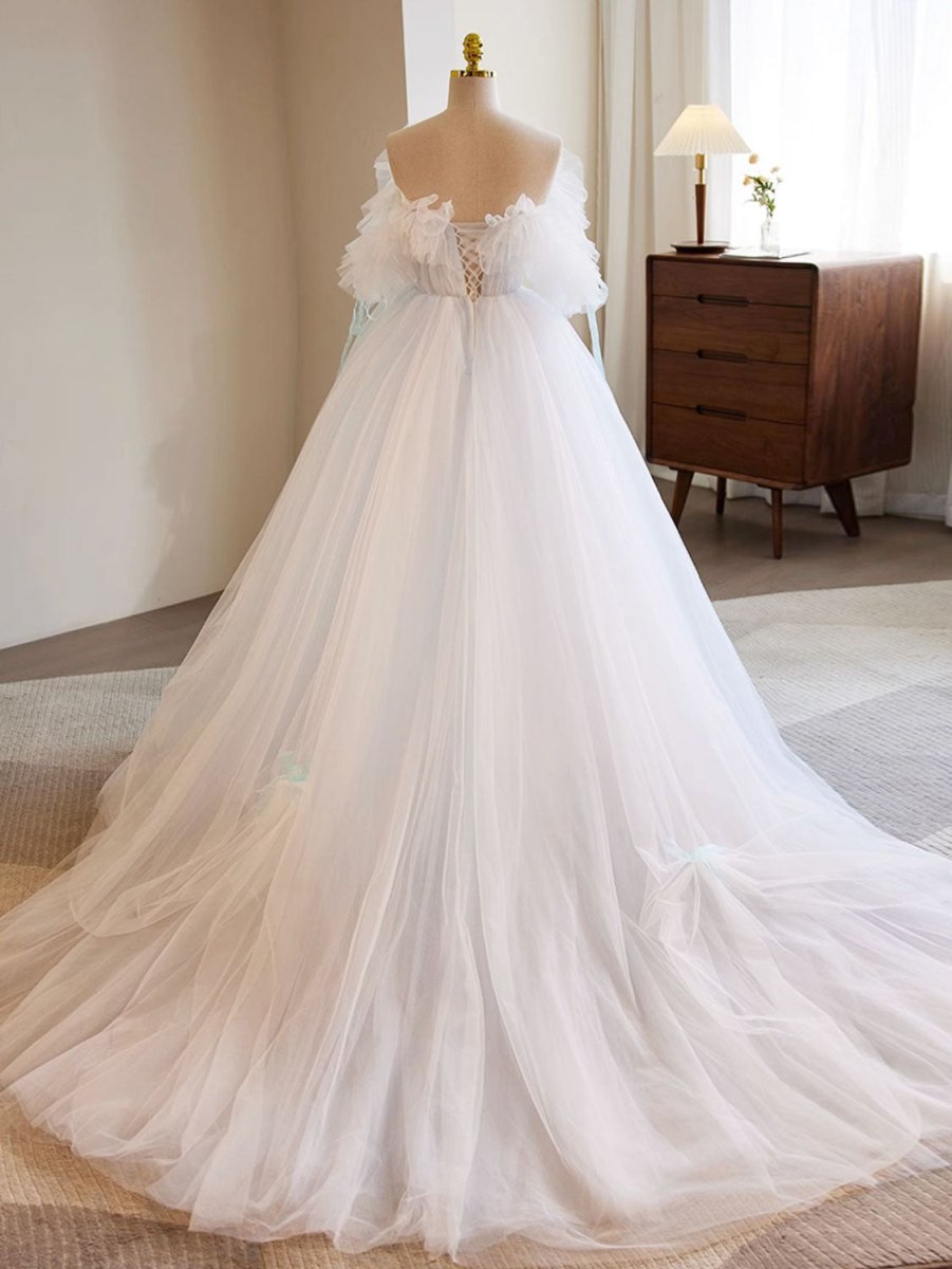 White A - Line Tulle Long Prom Dress White Formal Dress - KissProm