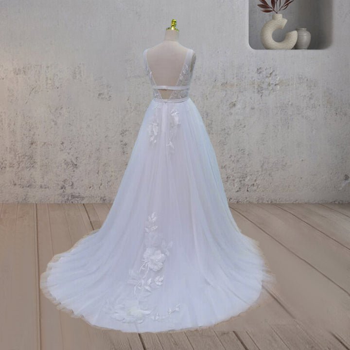 White A-Line V Back Lace Wedding Dress with Train