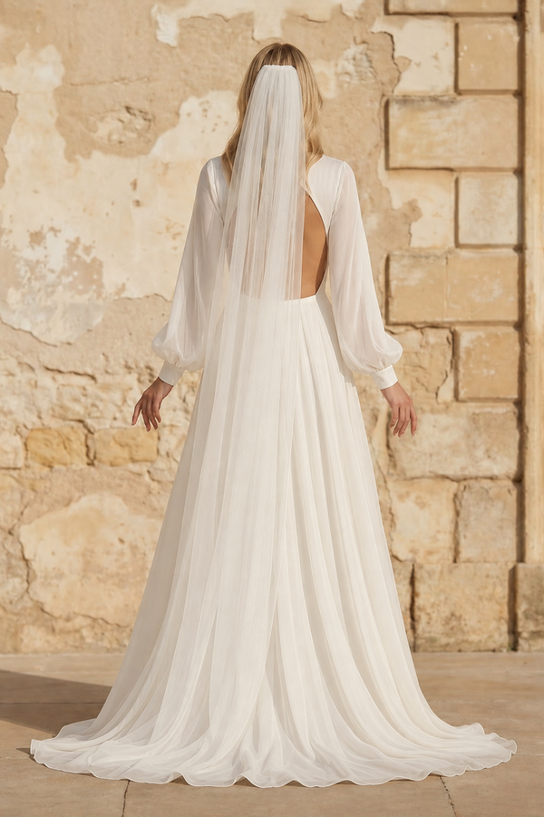 A-Line Long Sleeves Matte Satin Wedding Dresses with V Neck - KissProm