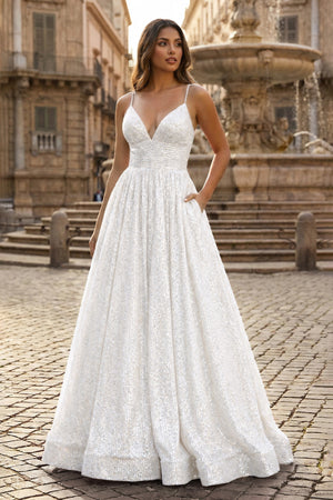 KissProm-White A-line V Neck Sequins Long Prom Dress