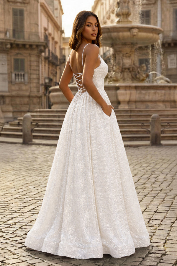 KissProm-White A-line V Neck Sequins Long Prom Dress