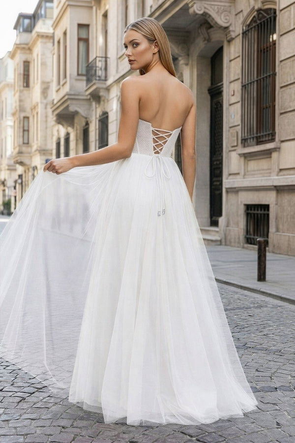 A - Line Sweetheart Beads Empire - Waist Sleeveless Prom Dress With Slit - KissProm