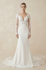 Maeve | White Appliques Plunge V Mermaid Bridal Gown with Long Sleeves– Wedding Dresses by KissProm | Available at KissProm