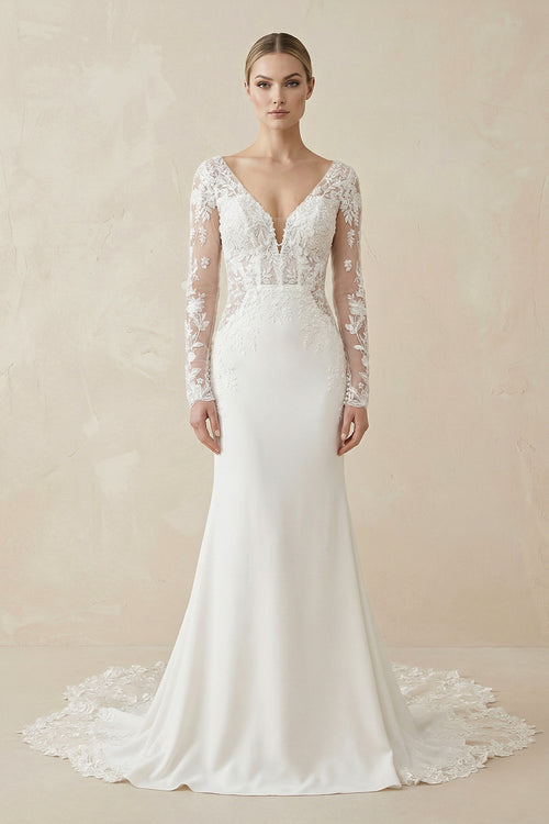 Maeve | White Appliques Plunge V Mermaid Bridal Gown with Long Sleeves– Wedding Dresses by KissProm | Available at KissProm