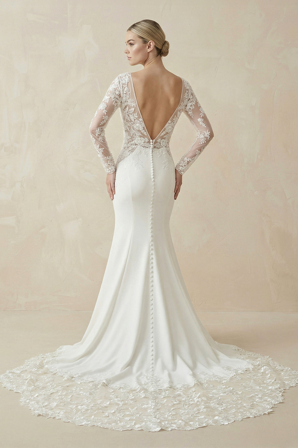 Maeve | White Appliques Plunge V Mermaid Bridal Gown with Long Sleeves– Wedding Dresses by KissProm | Available at KissProm