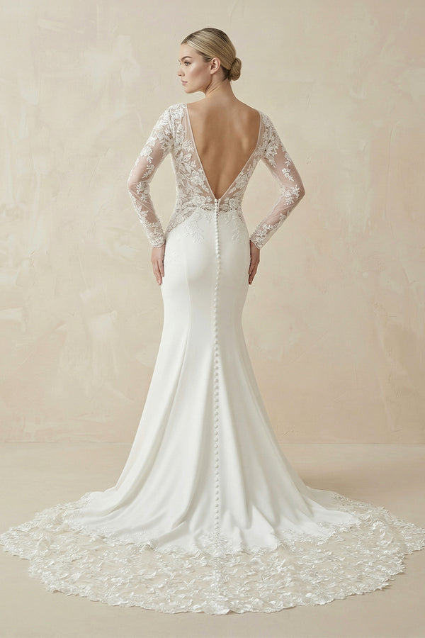 Maeve | White Appliques Plunge V Mermaid Bridal Gown with Long Sleeves– Wedding Dresses by KissProm | Available at KissProm