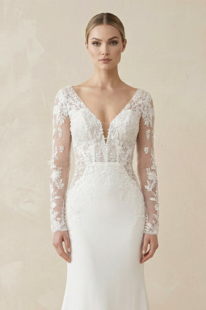 Maeve | White Appliques Plunge V Mermaid Bridal Gown with Long Sleeves– Wedding Dresses by KissProm | Available at KissProm
