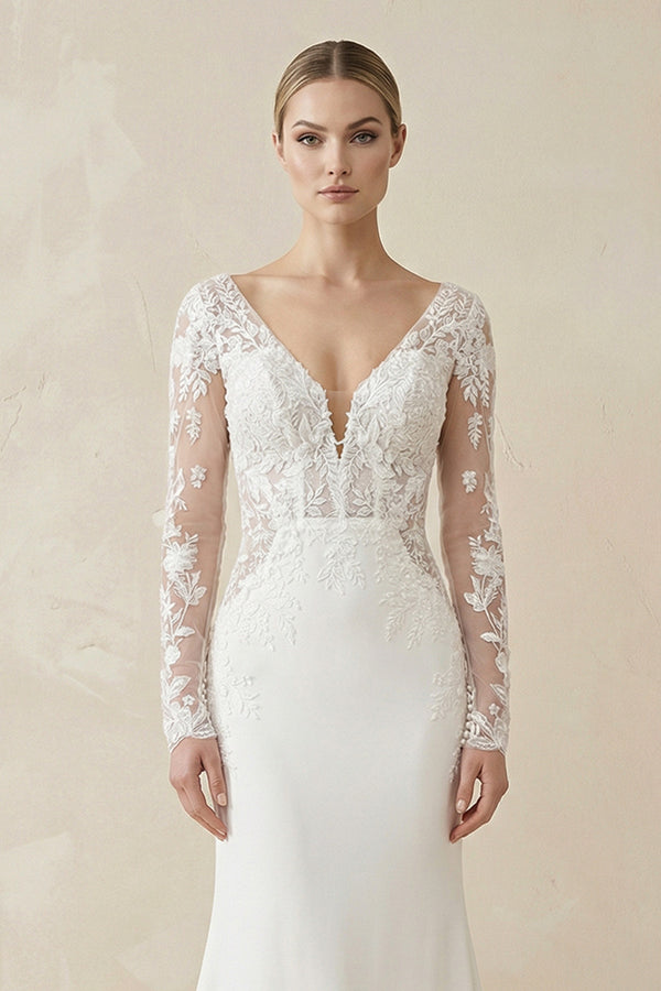 Maeve | White Appliques Plunge V Mermaid Bridal Gown with Long Sleeves– Wedding Dresses by KissProm | Available at KissProm