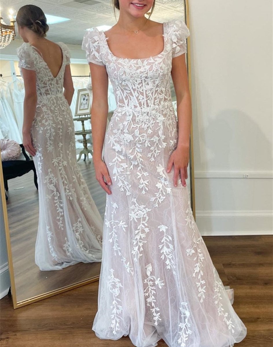 Champagne Appliques Square Neck Puff Sleeves Long Prom Dress