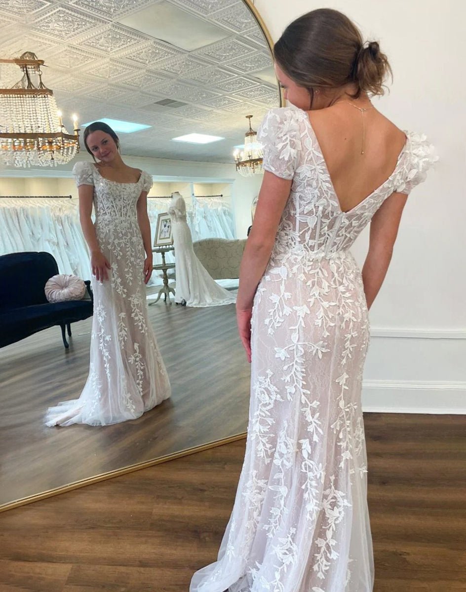 Theresa | Champagne Appliques Square Neck Puff Sleeves Long Prom Dress