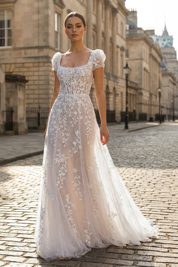 KissProm-Champagne Appliques Square Neck Puff Sleeves Long Prom Dress