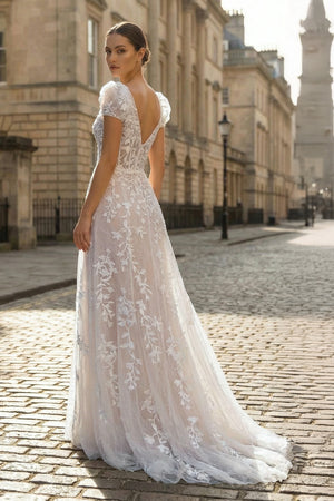 KissProm-Champagne Appliques Square Neck Puff Sleeves Long Prom Dress