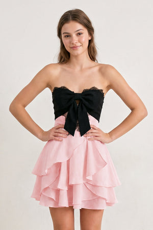 Pink Sweetheart A-Line Ruffled Chiffon Homecoming Dress with Bow | KISSPROM