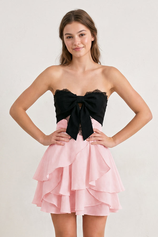 Pink Sweetheart A-Line Ruffled Chiffon Homecoming Dress with Bow | KISSPROM